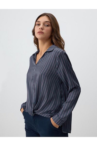Jimmy Key Navy Blue V-Neck Satin Relaxed Fit Woven Blouse