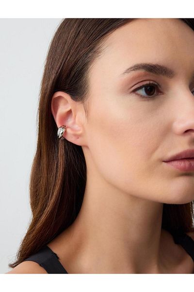 Jimmy Key Silver Color Stone Detailed Shiny Half Hoop Earrings