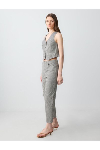 Jimmy Key Navy Blue High Waist Regular Leg Line Patterned Denim Trousers