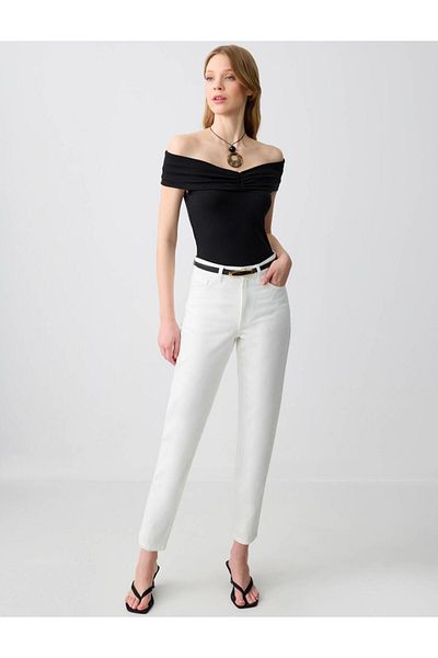 Jimmy Key Ecru 100% Cotton High Waist Regular Leg Denim Trousers