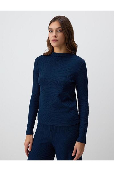 Jimmy Key Navy Blue Half Turtleneck Long Sleeve Knitted Blouse