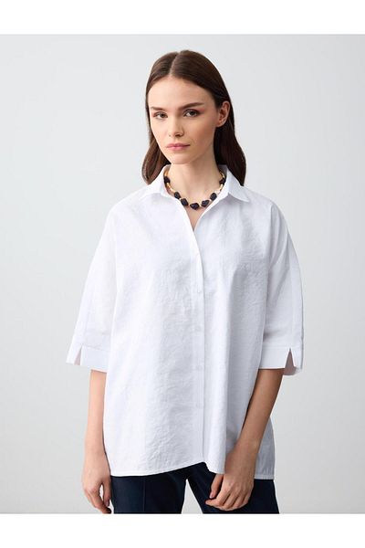 Jimmy Key White Relaxed Cut Long Three Quarter Sleeve Woven Shirt