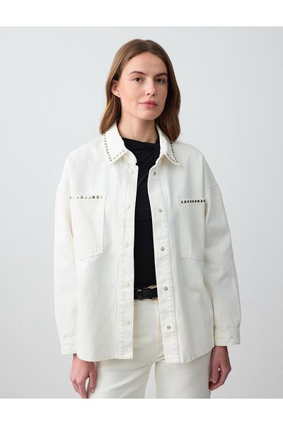 Jimmy Key Ecru 100% Cotton Long Sleeve Metal Embroidered Denim Shirt