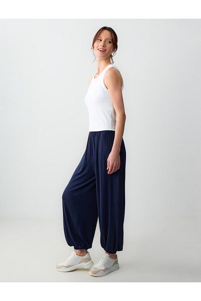 Jimmy Key Navy Blue Relaxed Cut High Waist Elastic Leg Knitted Modal Trousers