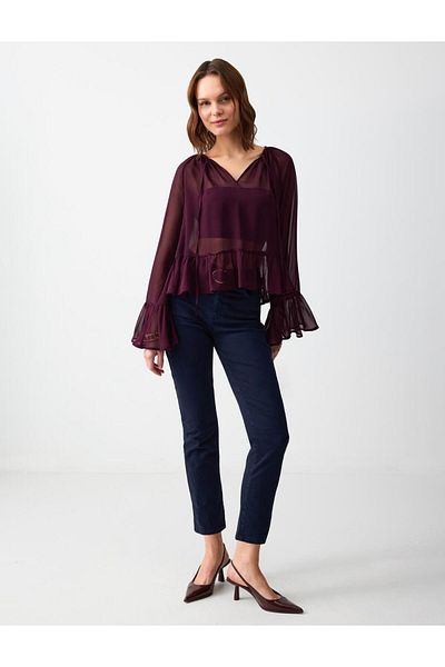 Jimmy Key Burgundy Relaxed Fit V Neck Chiffon Woven Blouse