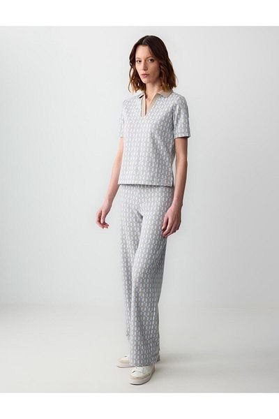 Jimmy Key Beige High Waist Wide Leg Geometric Pattern Knitted Trousers
