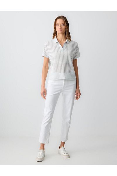 Jimmy Key Ecru Relaxed Cut Short Sleeve Polo Neck Openwork Knitted T-Shirt