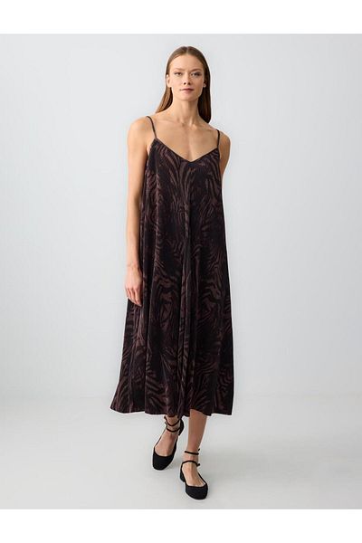 Jimmy Key Brown Strappy V-Neck Pleated Patterned Knitted Midi Dress