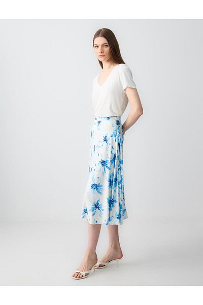 Jimmy Key Fusta midi cu talie înaltă, albă, cu model floral