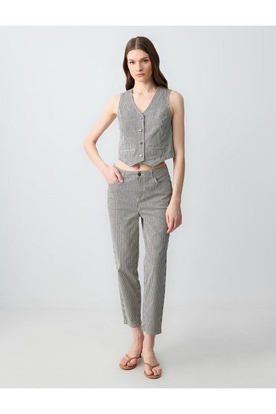 Jimmy Key Navy Blue High Waist Regular Leg Line Patterned Denim Trousers
