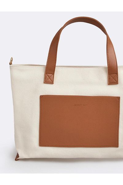 Jimmy Key Ecru Leather Detailed Canvas Bag with Strap