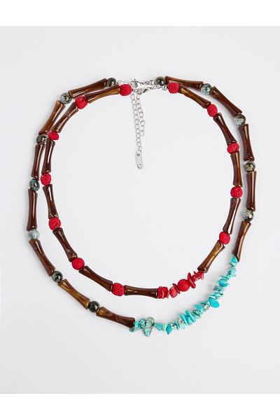Jimmy Key Mixed Natural Stone Detailed Adjustable Double Necklace Set