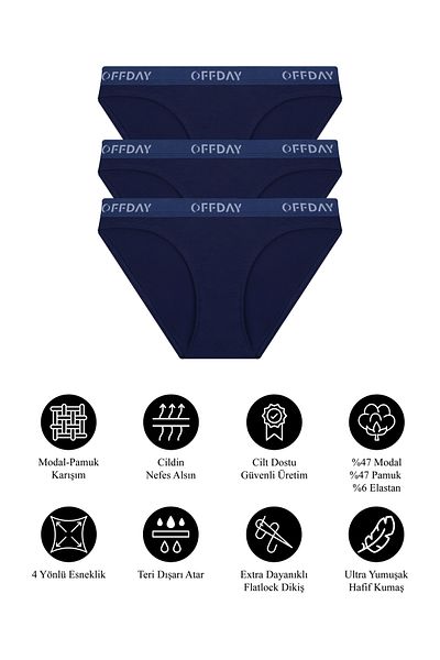 offday Essential Women's Slip 3-Piece Navy Blue – Modal Cotton, Natural Structure, Flexible and Sweat-Free, Boxed