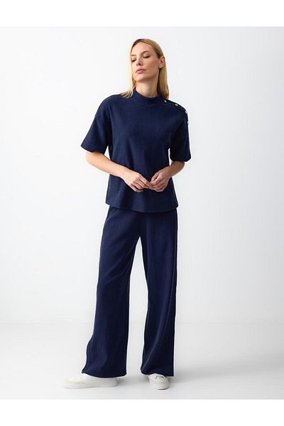 Jimmy Key Navy Blue Relaxed Fit Half Turtleneck Knitted T-Shirt