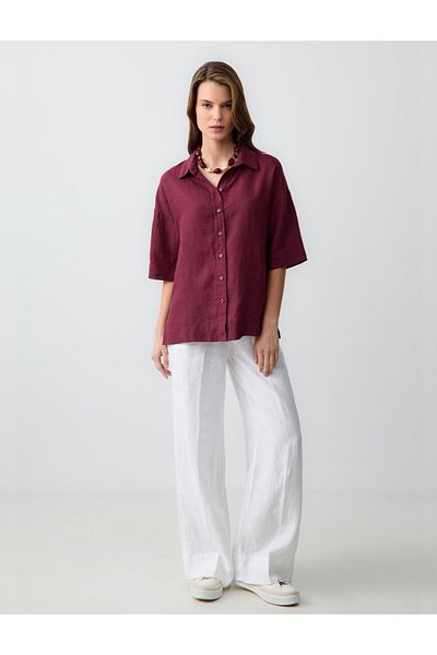 Jimmy Key Burgundy 100% Linen Plain Cut Short Sleeve Woven Shirt