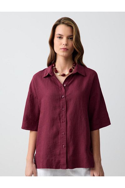 Jimmy Key Burgundy 100% Linen Plain Cut Short Sleeve Woven Shirt