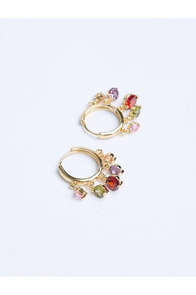 Jimmy Key Gold Color Crystal Stone Detailed Hoop Earrings