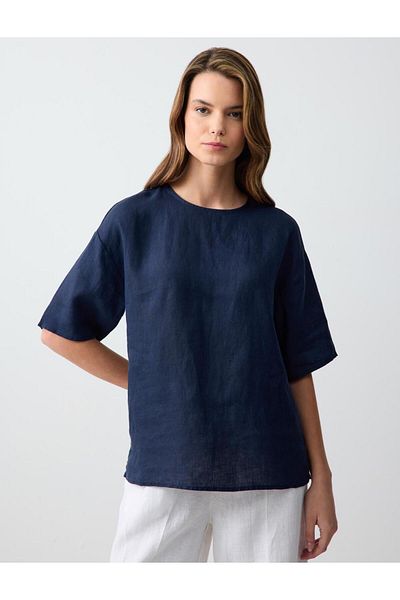 Jimmy Key Navy Blue 100% Linen Relaxed Cut Short Sleeve Crew Neck Blouse