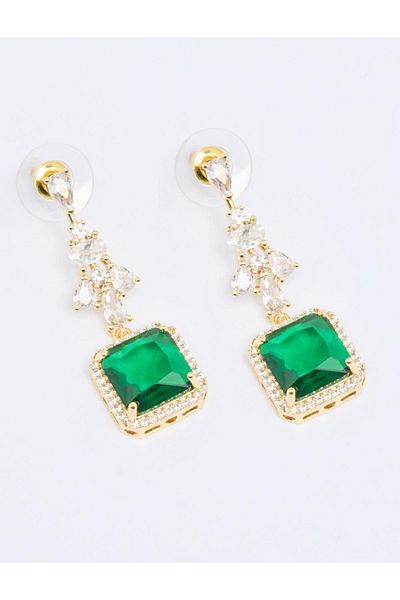 Jimmy Key Green Square Patterned Shiny Stone Swinging Earrings