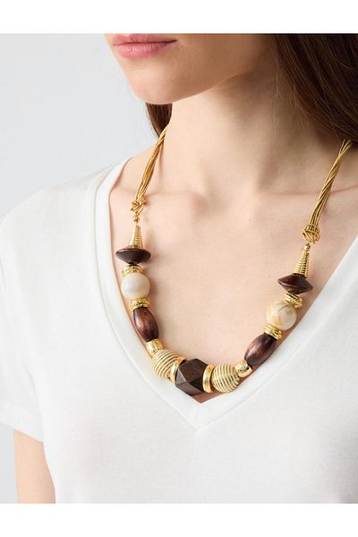 Jimmy Key Brown Geometric Patterned Stone Detailed Adjustable Necklace
