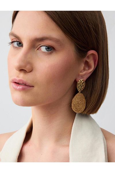 Jimmy Key Brown Wicker Detailed Oval Earrings