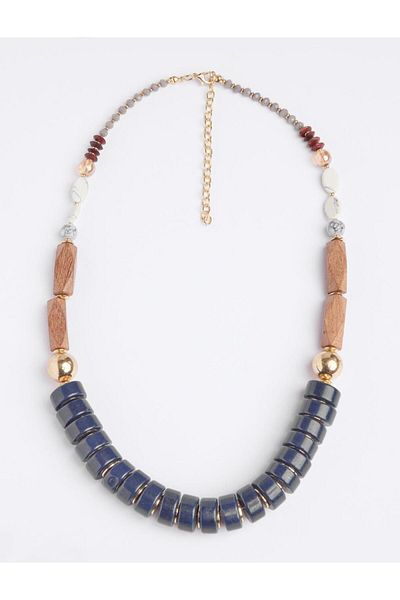 Jimmy Key Navy Blue Wooden Detailed Beaded Adjustable Necklace