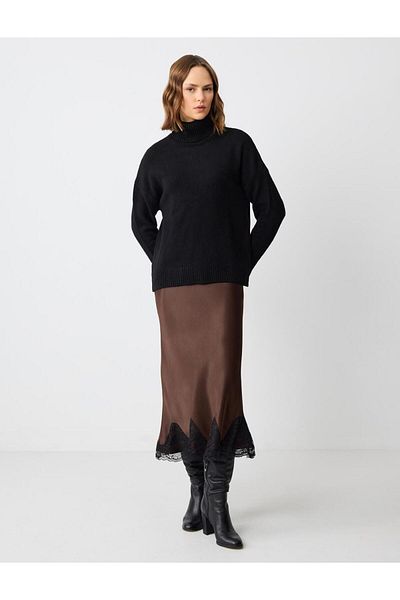 Jimmy Key Dark Brown Satin Elastic Waist Woven Long Skirt