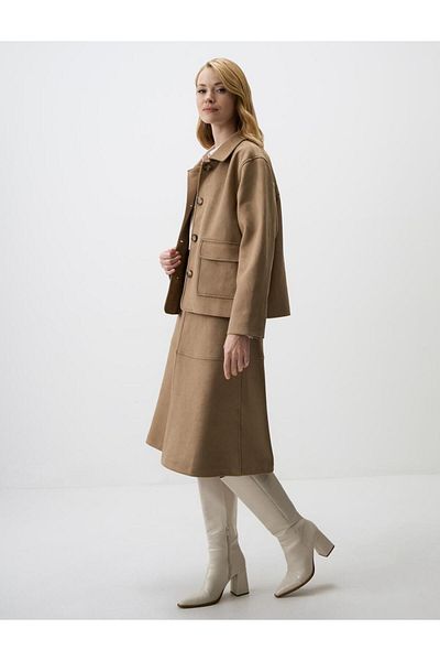 Jimmy Key Beige Long Sleeve Solid Cut Knitted Velvet Short Jacket