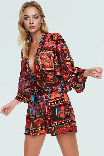 PayBuy Summer Tropical Pattern Cotton V-Neck Shirt Shorts Set Beach Wear Resistant Material Premium Quality