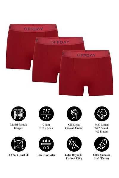 offday Essential Men's Sports Boxer 3-Piece Claret Red – Modal Cotton, Natural Structure, Flexible and Sweat-Free, Boxed