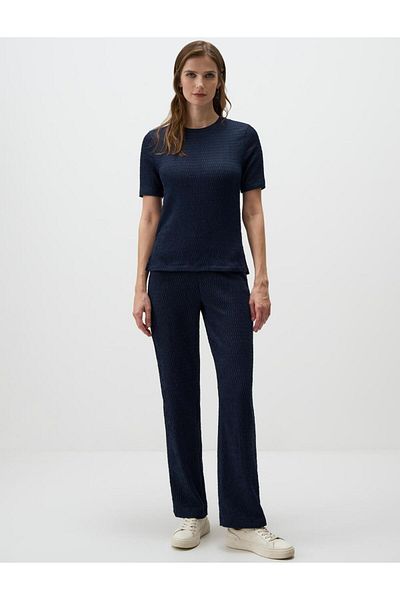 Jimmy Key Navy Blue Crew Neck Straight Cut Short Sleeve Print Knitted Blouse