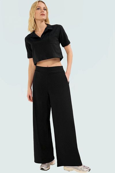 PayBuy Women's Knitted Short Sleeve Polo Collar Wide Leg Casual Suit Professional Appearance Distinguished Material