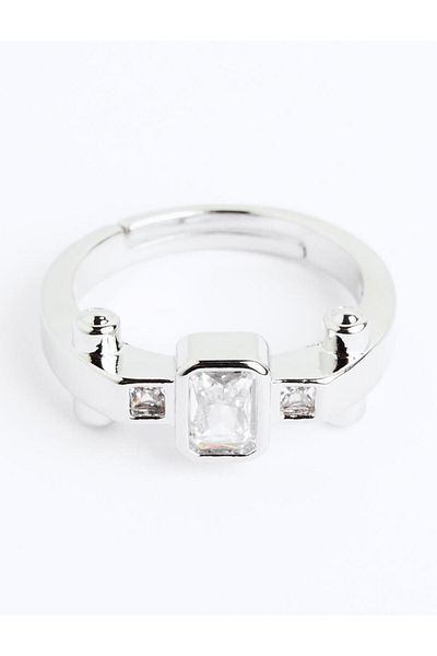 Jimmy Key Silver Color Square Stone Detailed Shiny Ring