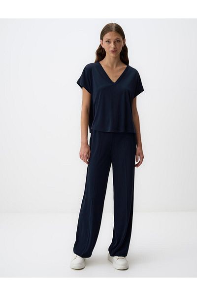 Jimmy Key Navy Blue V-Neck Short Sleeve Solid Blouse