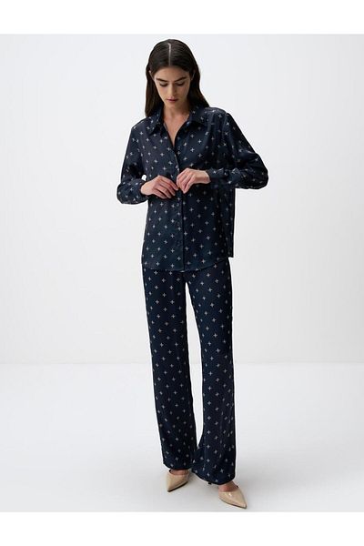 Jimmy Key Navy Blue Long Sleeve Patterned Satin Shirt