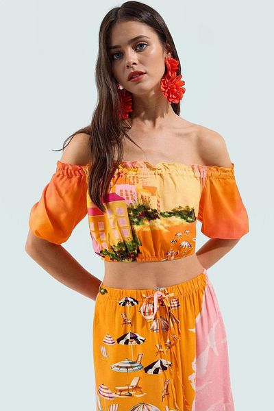 PayBuy Stylish Landscape Patterned Viscous Beach Blouse Skirt Set Summer Casual Combination Zarifane Design and