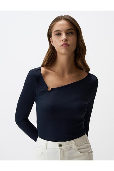 Jimmy Key Navy Blue Asymmetrical Neck Long Sleeve Slim Fit Blouse