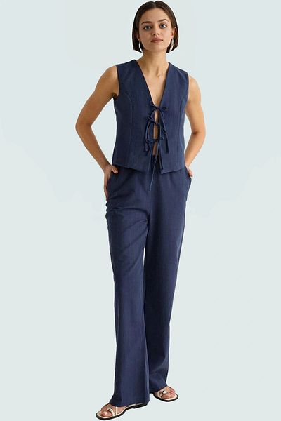 PayBuy Women's Linen Look Tie-Up Blouse and Wide-Leg Pants Set Comfortable Cut Superior Material