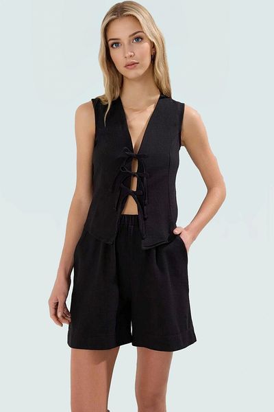 PayBuy Women's Tie-Up Linen Look Blouse Shorts Set Summer Casual Comfortable Cut Modern Style