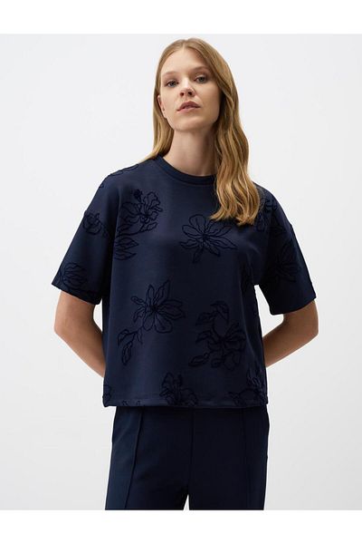 Jimmy Key Hanorac floral cu mânecă scurtă, albastru bleumarin