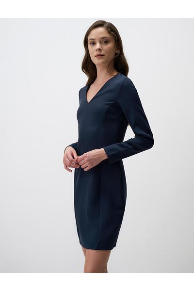 Jimmy Key Navy Blue V Neck Long Sleeve Mini Dress