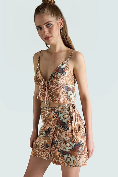 PayBuy Summer Very Abstract Patterned Raglan Sleeve Mini Blouse Skirt Set Special Design Comfortable and Stylish