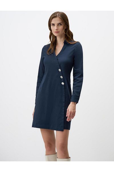 Jimmy Key Navy Blue Wrapped Neck Button Detail Woven Mini Dress