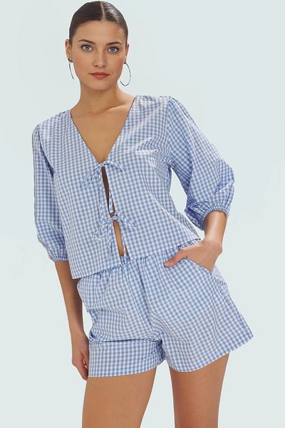 PayBuy Women's Cotton Plaid Blouse Shorts Summer Beach Set Casual Cut Zarifane Design Distinguished Material