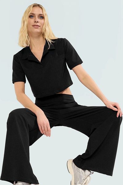 PayBuy Women's Knitted Short Sleeve Polo Collar Wide Leg Casual Suit Professional Appearance Distinguished Material