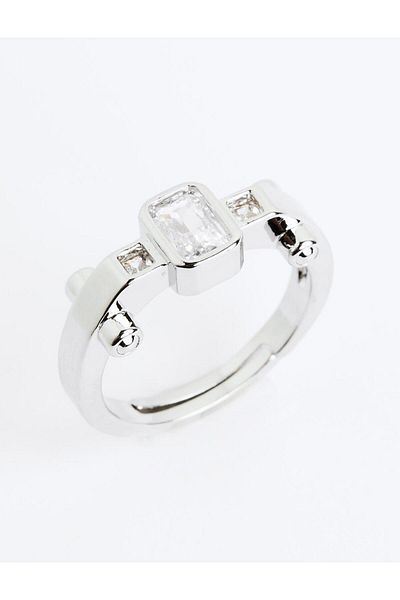Jimmy Key Silver Color Square Stone Detailed Shiny Ring