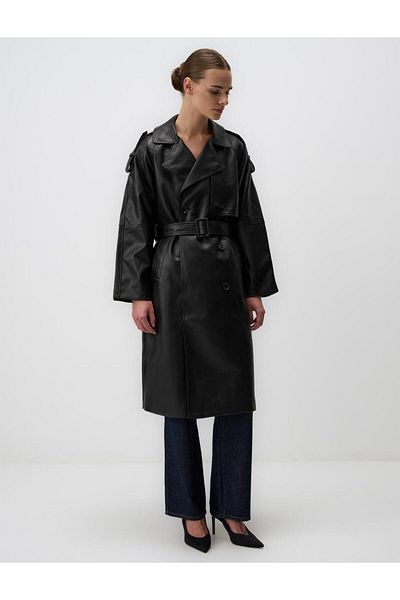 Jimmy Key Black Double Breasted Collar Slim Fit Long Leather Trench Coat