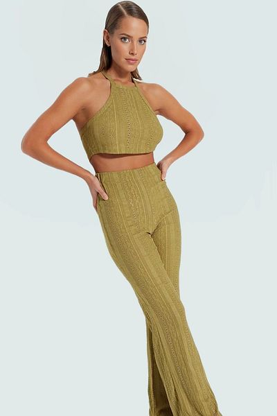 PayBuy Lace Detail Halter Neck Crop Blouse and Wide Leg Pants Beach Set Custom Design