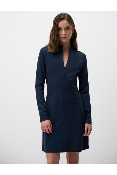 Jimmy Key Navy Blue Relaxed Fit Long Sleeve Zippered Mini Dress