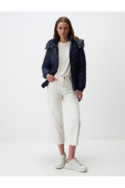 Jimmy Key Navy Blue Slim Fit Hooded Quilted Puffer Coat